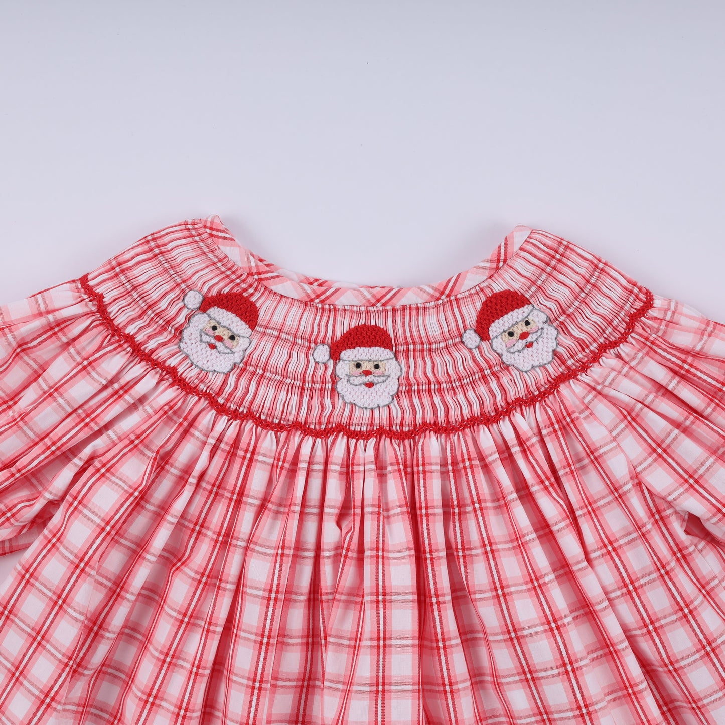 Red christmas santa claus hand smocked plaid ruffle pants set