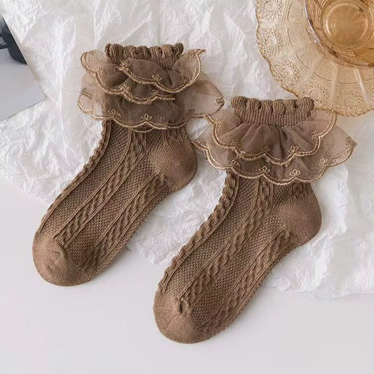 Brown Lace Ruffle Sock